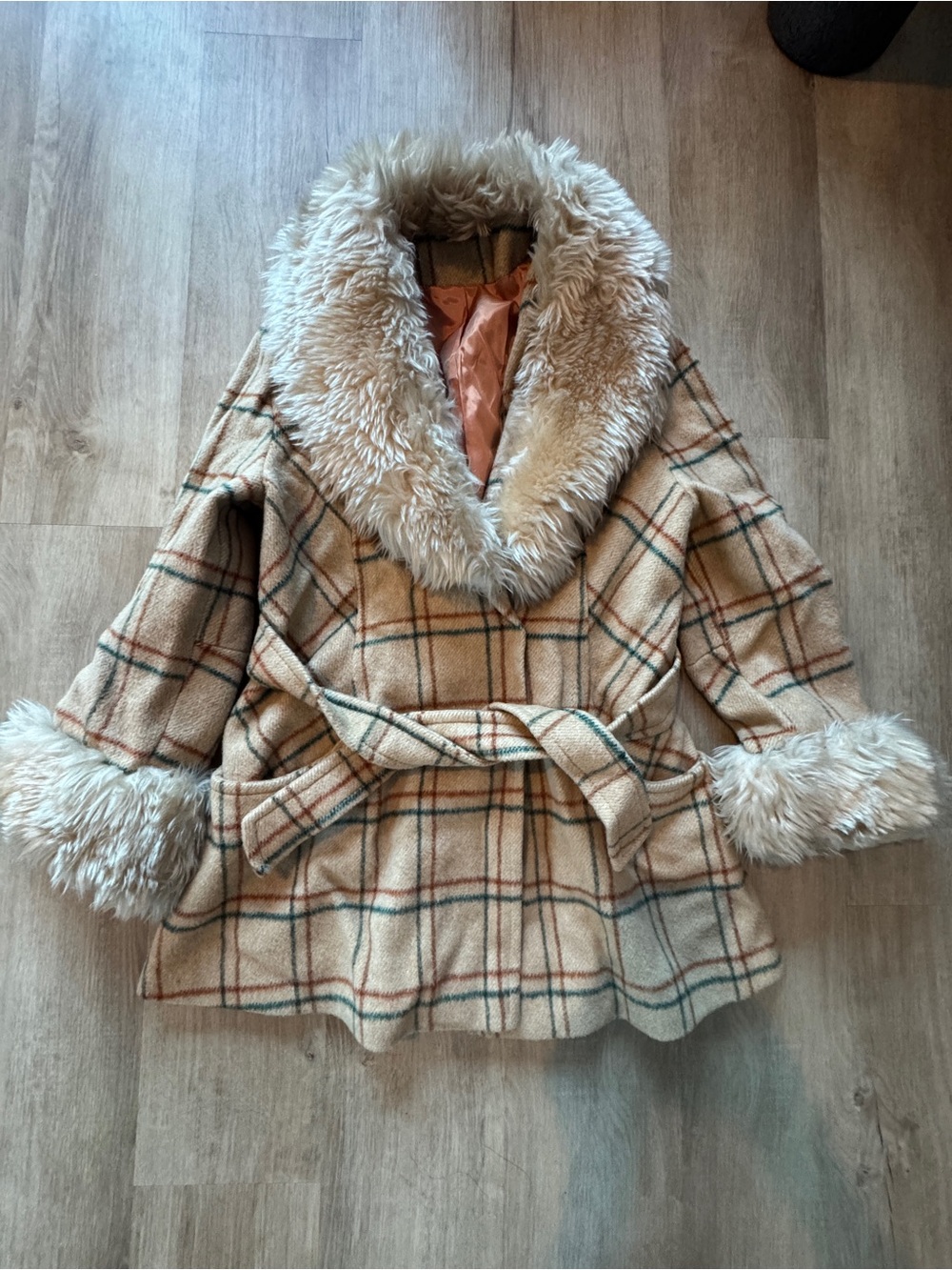 Vintage Penny Lane Wool Plaid Faux Fur Trim Women's Coat S